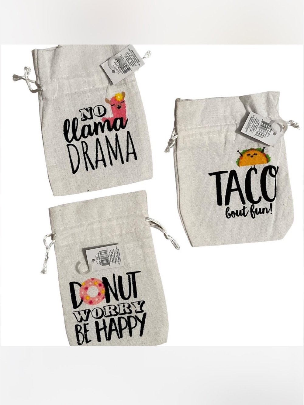 Set of 3 Drawstring Canvas Treat Bags - Llama, Taco, Donut Designs